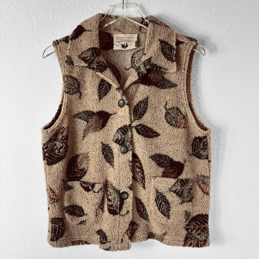 Vintage Colorado Trading Womens Fleece Vest XL Tan Leaf Print Dark Mori Forest